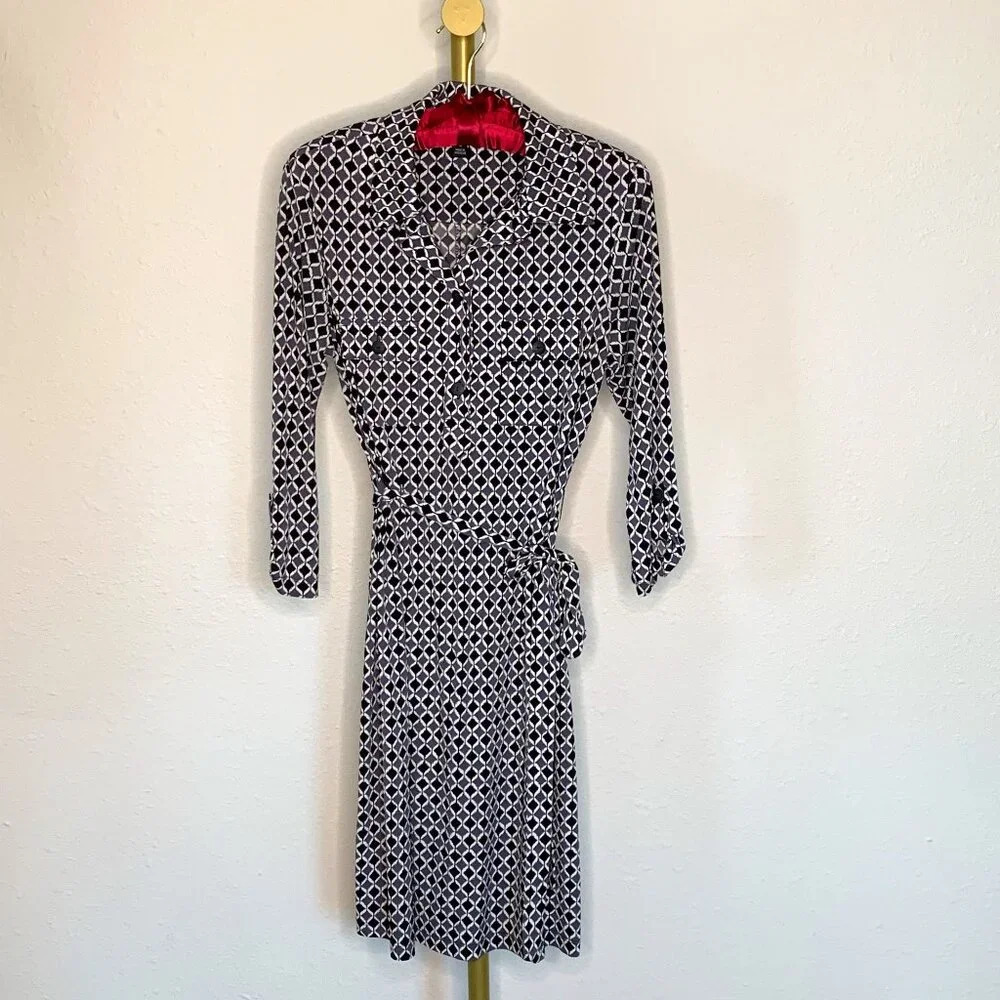 Carole Little Black Grey & White Shirt Dress Size 8 Geometric Pattern 3/4 Sleeve
